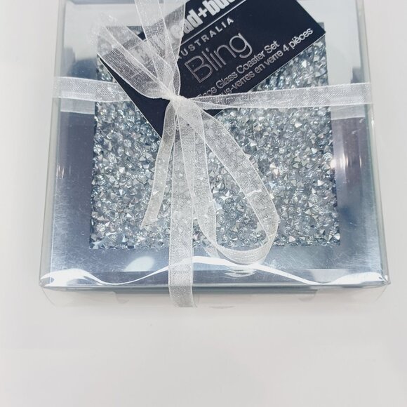 Bread & Butter Silver Diamond Bling Mirrored Glass 4-Piece Coaster Sets - Picture 2 of 2